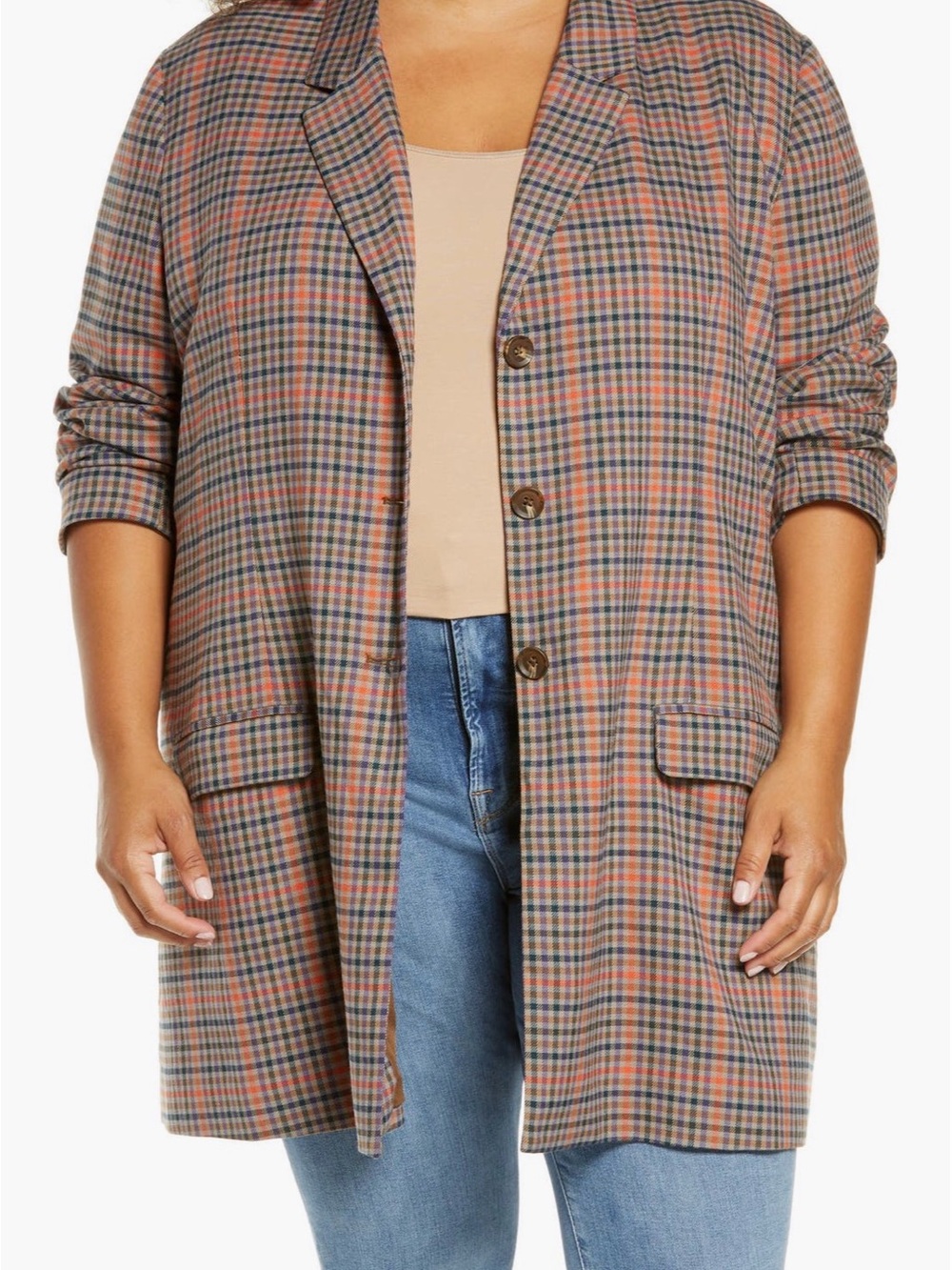 Women’s BB Dakota Plaid Long Blazer Jacket in Coral, Navy, Purple, Tan - Size L
